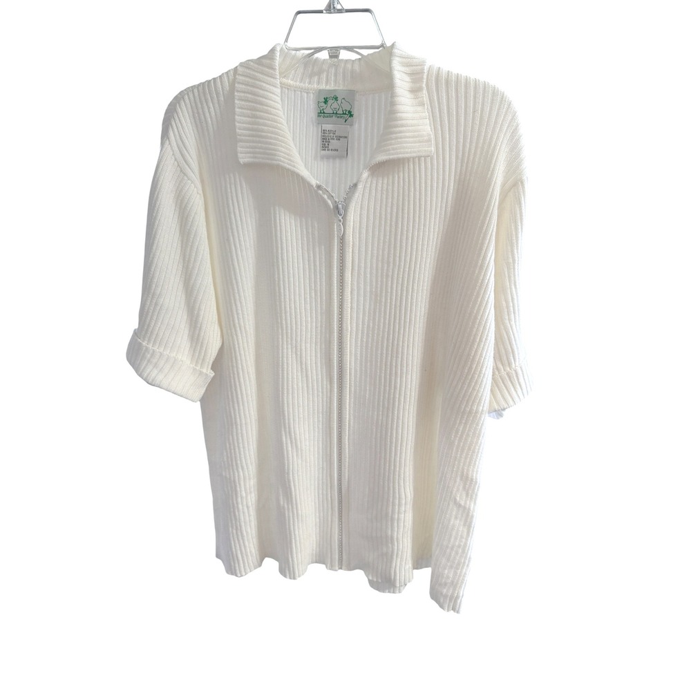 The Quacker Factory Zip Cardigan Women 1X White Ribbed Rhinestone Vintage Top